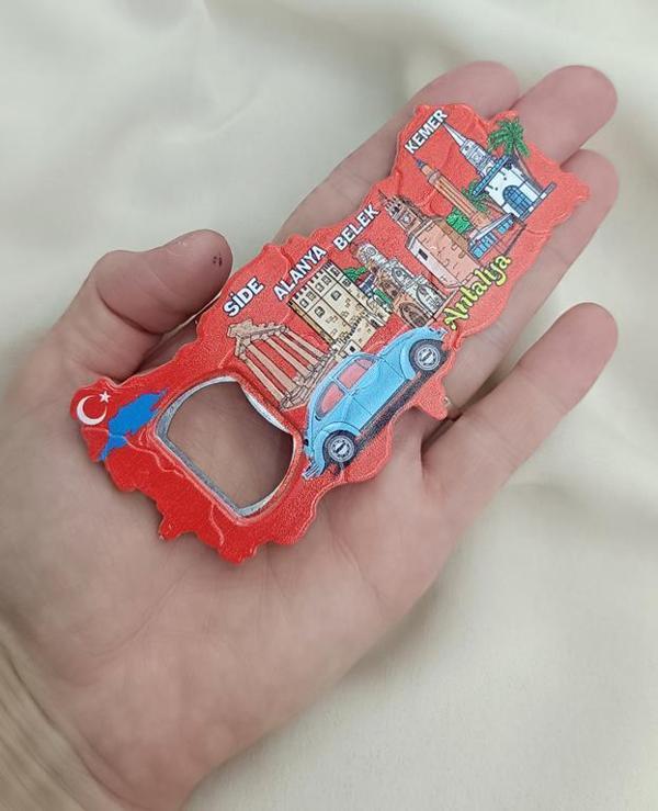 Magnet Açacak Gazoz Şişe Açacağı Mıknatıslı Buzdolabı Süsü Bayrak Harita Araba Turizm Antalya Görselli  - Image 1