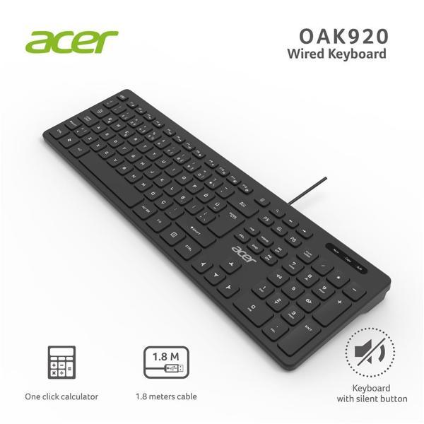 Acer OAK920 Q Usb SİYAH 1.8mt  Kablolu Klavye-Tek Tuş Hesap Makinalı (Sessiz Tuş) - Image 1