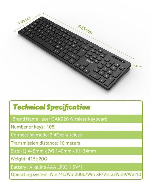 Acer OAK-920 Siyah Kablosuz Klavye 2.4Ghz Caps Lock (Smart Tv- Wifi) - Image 1