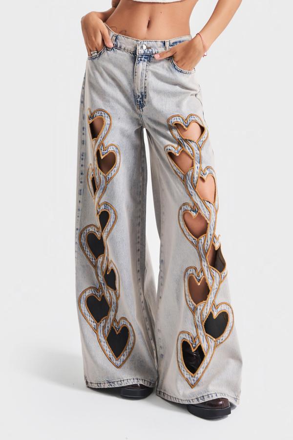 Kadın Kot Rengi Kalp Nakışlı Özel Tasarım Palazzo Fit Orta Bel Denim Jean - Image 1