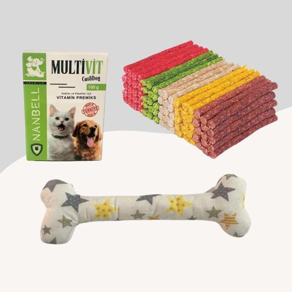 Renkli Munchy Ödül Çubuğu 500Gr + Multivitamin + Yumuşak Oyuncak Beyaz Desenli - Image 1