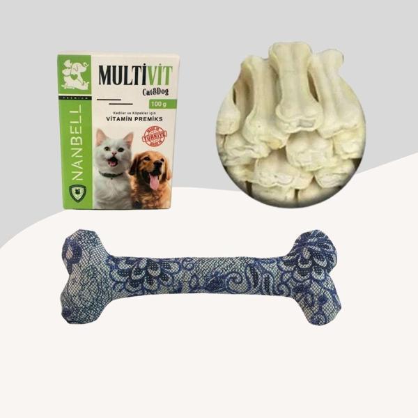 12Cm Beyaz Çiğneme Kemiği 5Li + Multivitamin + Yumuşak Oyuncak Mavi Desenli - Image 1