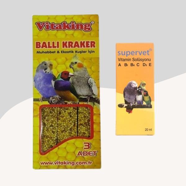 Muhabbet Kuşları İçin Ballı Kraker 3lü + Vitamin A,B1,B6,C,D3,E 20ML - Image 1
