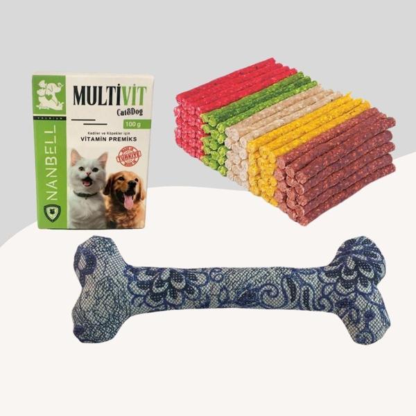 Renkli Munchy Ödül Çubuğu 500Gr + Multivitamin + Yumuşak Oyuncak Mavi Desenli - Image 1