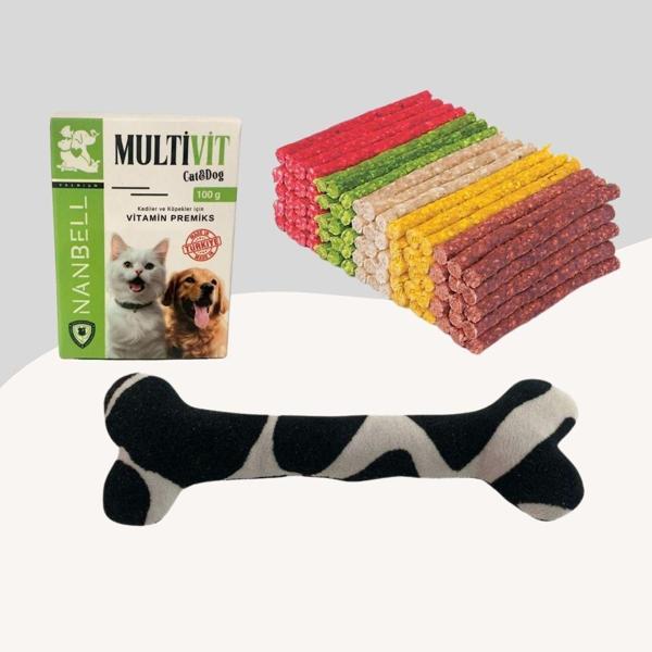 Renkli Munchy Ödül Çubuğu 500Gr + Multivitamin + Yumuşak Oyuncak Siyah Beyaz - Image 1