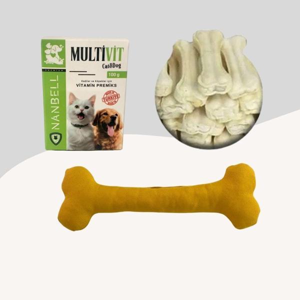 12Cm Beyaz Çiğneme Kemiği 5Li + Multivitamin + Yumuşak Oyuncak Sarı - Image 1