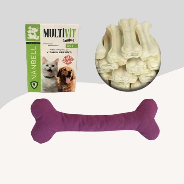 12Cm Beyaz Çiğneme Kemiği 5Li + Multivitamin + Yumuşak Oyuncak Mor - Image 1