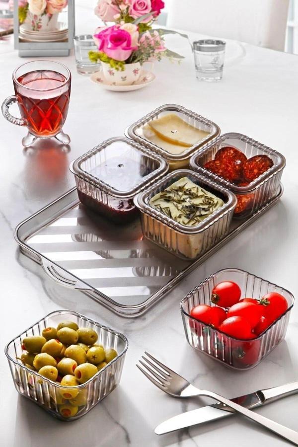 Dorry Home 6 Bölmeli Kare Kapaklı Tepsili Lüks Kahvaltılık Modern Sunum Seti Ve Saklama Kabı - Image 1