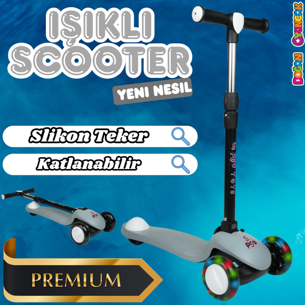 Lupa Katlanabilir Işıklı 3 Tekerlekli Gri Scooter - Işıklı Scooter - Slikon Teker Scooter - Çocuk Sc - Image 1