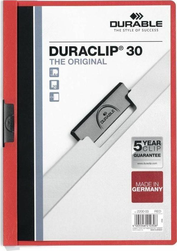 Durable 2200-K A4 Sıkıştırmalı Dosya Duraclip Ortadan Klipsli 30 Sayfa Kırmızı (5 Adet) - Image 1