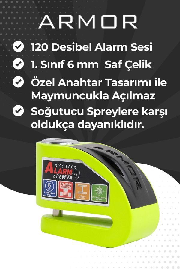 Armor 606mva 6 Mm 120 Desibel Paslanmaz Çelik Alarmlı Disk Kilidi Neon Yeşil - Image 1