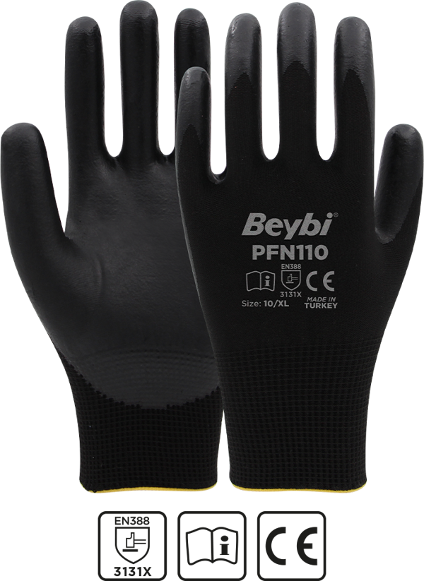 Beybi Pfn110 10 Beden Siyah Polyester Örgü Üzeri ½ Köpük Nitril Kaplı İş Eldiveni En388 3131X (12 Li Paket) - Image 1