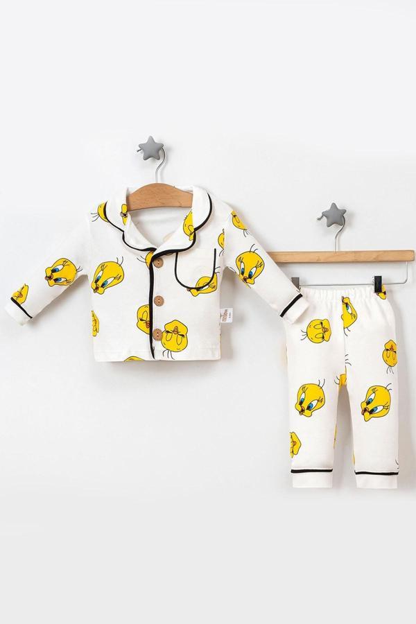 Bebek Pijama Takımı Tweety Desenli Pamuklu Uzun Kollu Çizgi Film Karakterli Sarı - Image 1