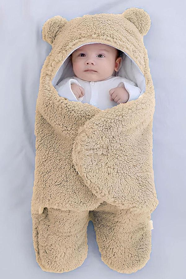 0-12 Ay Unisex Bebek Kulaklı Kapüşonlu Peluş Kundak Battaniye Uyku Tulumu Bej Kışlık - Image 1