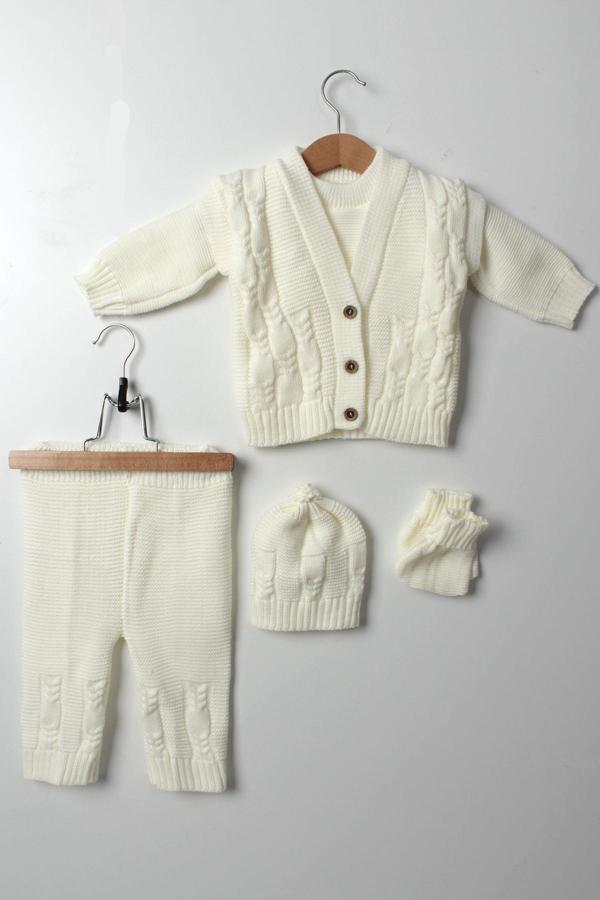 5'li Bebek Kışlık Beyaz Triko Takım Kazak Yelek Pantolon Bere Patik Yeni Doğan Unisex - Image 1