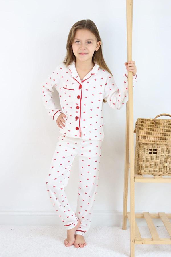 Kız Çocuk Kırmızı Kalpli Pamuklu Pijama Takımı - Uzun Kollu Düğmeli Rahat Takım - Image 1
