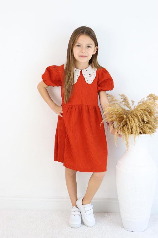 Kız Çocuk Kiremit Elbise - Beyaz Yaka Detaylı, Kısa Kollu, Günlük ve Özel Günler İçin Şık - Image 1