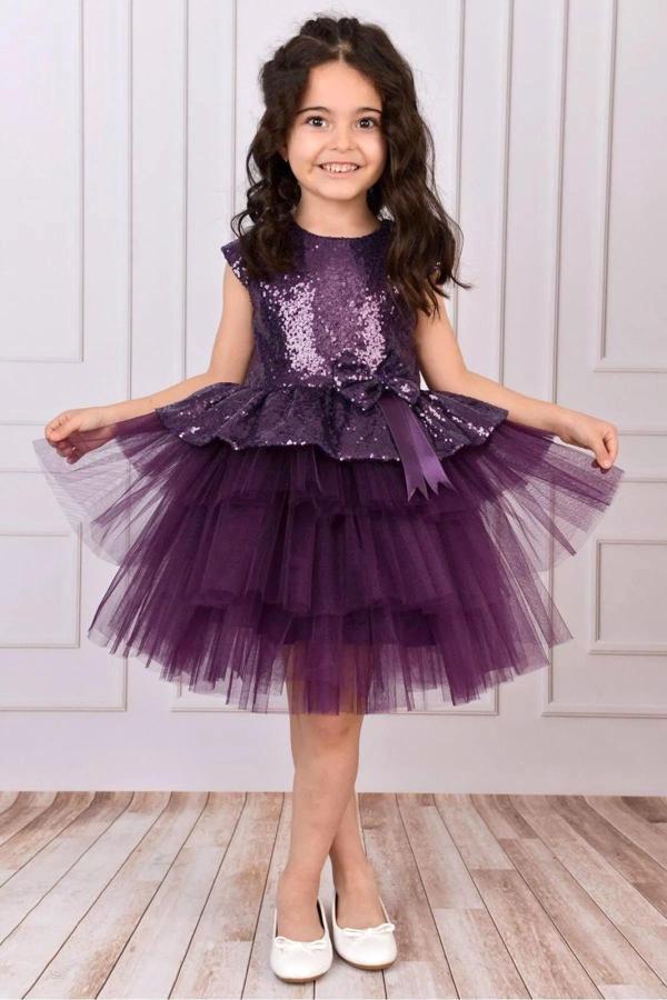 Kız Çocuk Abiye Elbise Tüllü Katlı Pul Payetli Mor Mezuniyet Düğün Doğum Günü - Image 1