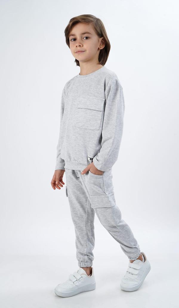Erkek Çocuk Gri Cepli Mevsimlik Eşofman Takımı | Rahat Jogger Alt ve Sweatshirt - Image 1