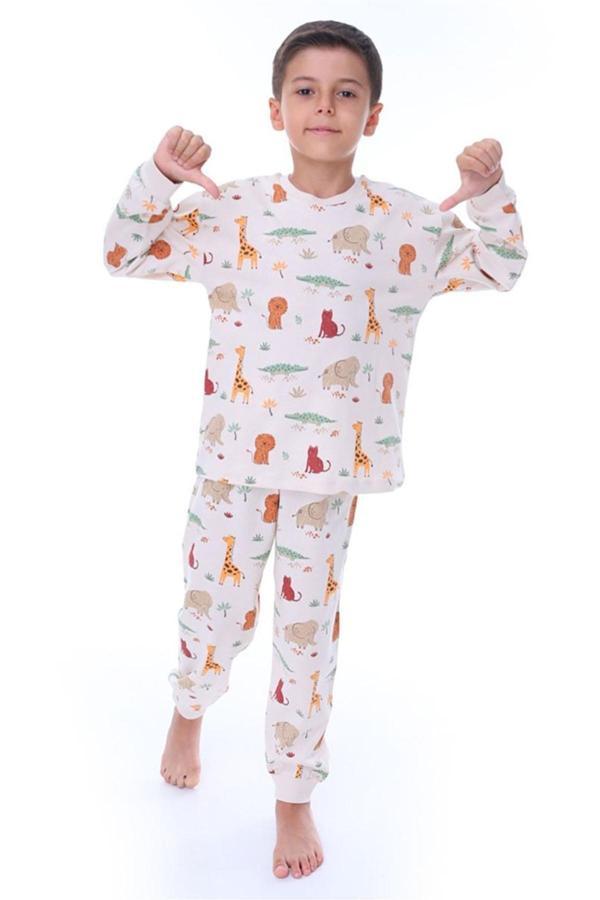 Erkek Çocuk Pamuklu Hayvan Desenli Pijama Takımı Uzun Kollu Zürafa Fil Aslan - Image 1