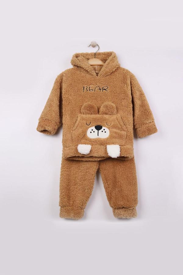 Erkek Bebek Çocuk Polar Takım Ayıcık Desenli Kapüşonlu Peluş 2'li Kışlık Günlük Giyim - Image 1
