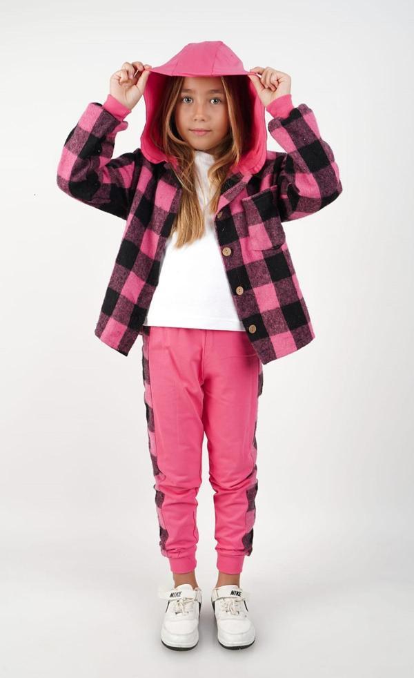 Kız Çocuk 3'lü Takım Ekose Kapüşonlu Ceket Badi Eşofman Altı Fuşya Siyah Spor Kombin - Image 1