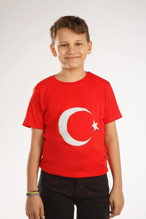 Ay Yıldız Baskılı Kısa Kol Tişört Kırmızı Çocuk Milli Bayram 23 Nisan 29 Ekim Gösteri Kıyafeti - Image 1
