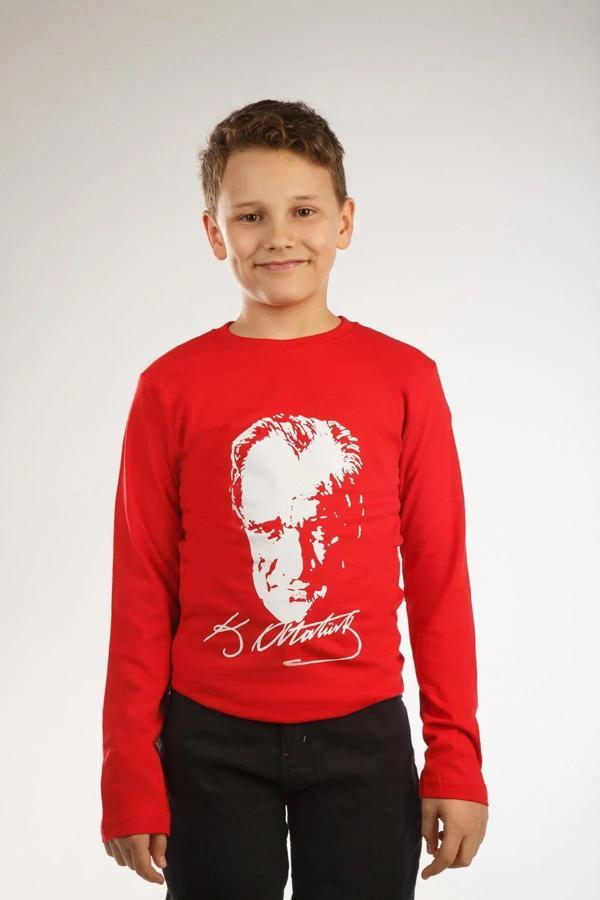 Atatürk Baskılı Uzun Kol Tişört Kırmızı Çocuk Milli Bayram 23 Nisan 29 Ekim Özel Gün Kıyafeti - Image 1