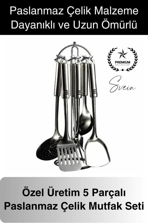 5'li Paslanmaz Çelik Mutfak Seti Servis Kepçe Kevgir Spatula Kaşık Takımı Metal Hijyen Çeyiz Pratik - Image 1