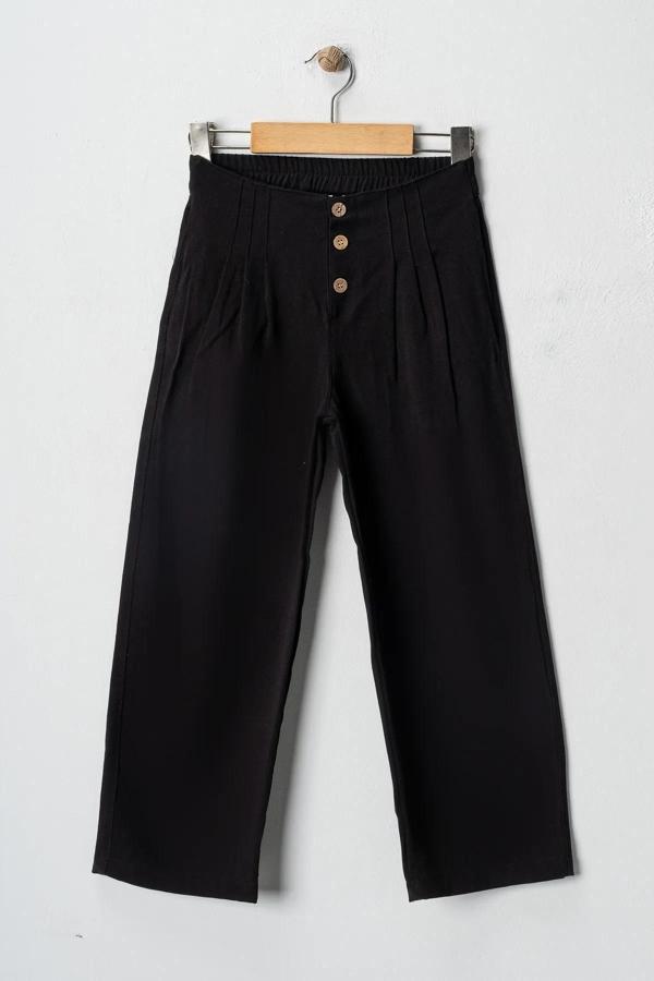 Kız Çocuk Düğmeli Yüksek Bel Geniş Paça Pantolon - Siyah, Günlük, Bayramlık - Image 1