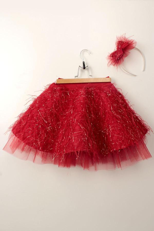 Kız Çocuk Tütü Etek Kırmızı Tüylü Simli Taçlı Set 23 Nisan 29 Ekim Doğum Günü Kıyafeti - Image 1