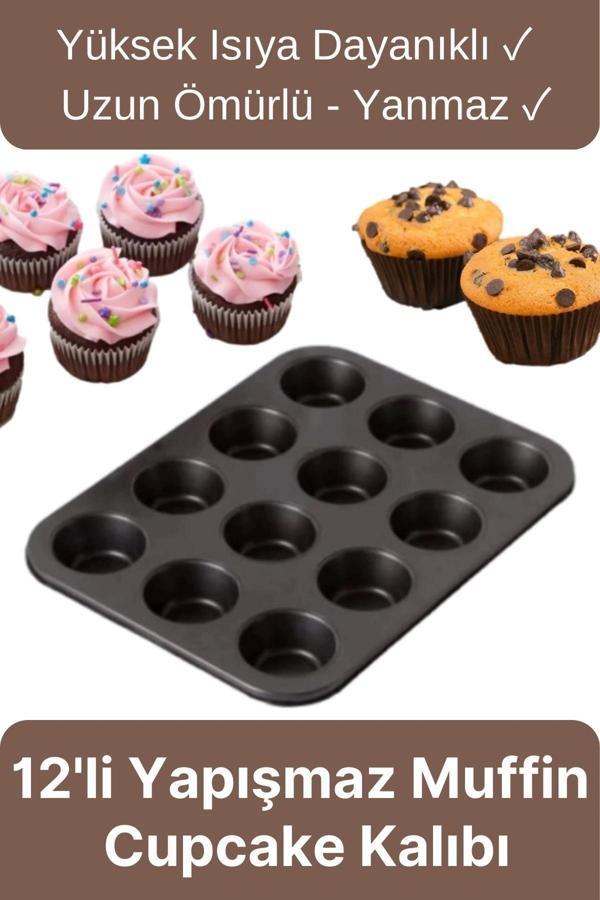 Çok Amaçlı Mutfak Yüksek Isıya Dayanıklı Yıkanabilir Yanmaz Yapışmaz 12'li Kek Muffin Cupcake Kalıbı - Image 1