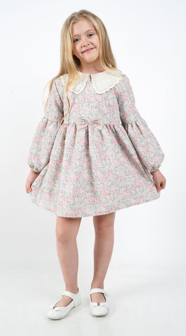 Kız Çocuk Çiçekli Elbise - Uzun Kollu, Fırfırlı, Vintage Tasarım, Günlük Bayram ve Özel Gün Elbisesi - Image 1