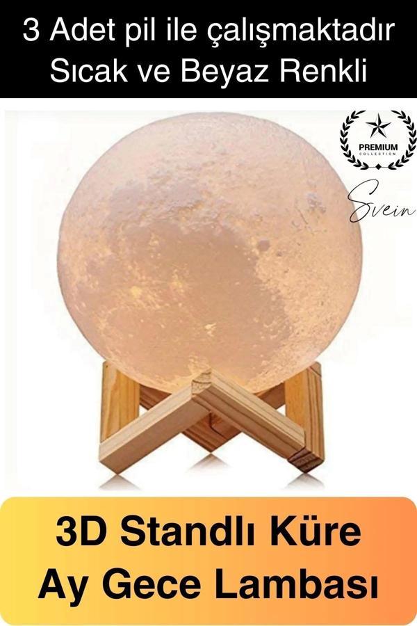 Dolunay 3D Ay Işıklı Standlı Pilli Dekoratif Gece Lambası Hediyelik Küre Led 15 Cm Loş Dekor - Image 1