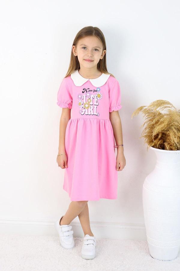 Kız Çocuk Pembe Bebe Yaka Kısa Kollu Elbise – Şık ve Rahat Pamuklu Günlük Yazlık Elbise - Image 1