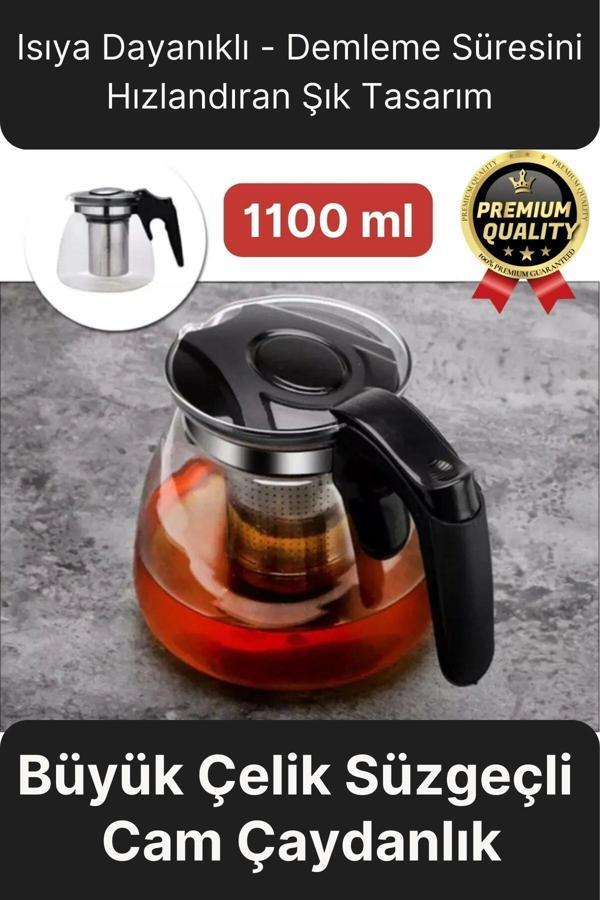 Özel Üretim Isıya Dayanıklı Bitki Çayı Şeffaf Büyük Çelik Süzgeçli Cam Çaydanlık Demlik 1.1 Litre - Image 1
