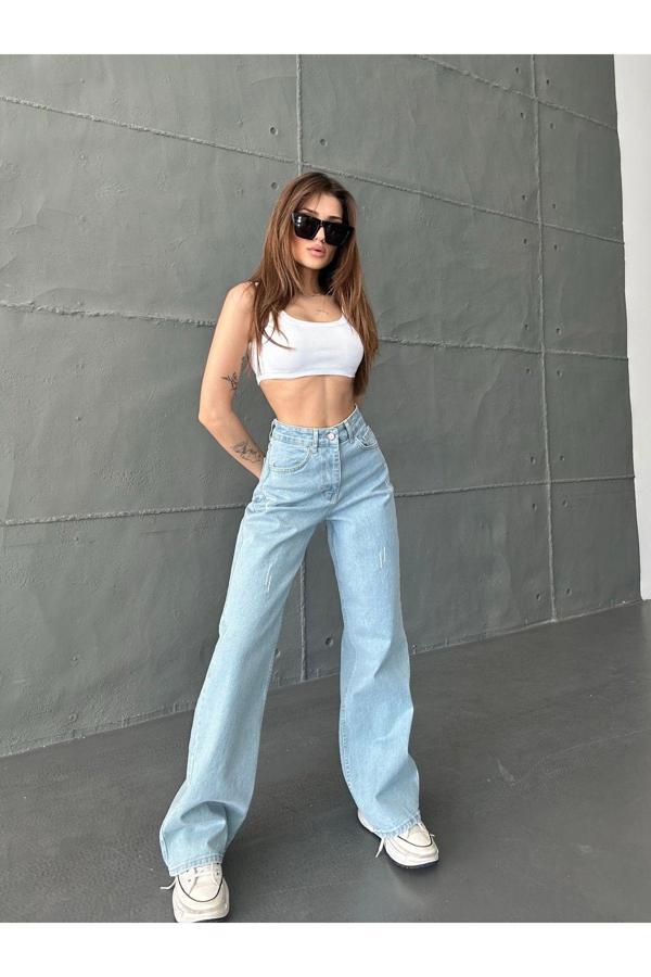 Swet Shop Jeans Kadın Açık Mavi Destrolu Yüksek Bel Likralı Wide Leg Geniş Paça Palazzo Kot Pantolon Açık Mavi 31 - Image 1