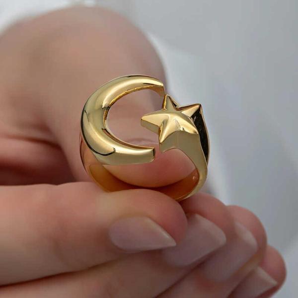 Gümüş Gold Ay Yıldız Kadın Yüzük SL6269 - Image 1
