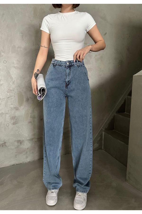 Swet Shop Jeans Kadın Mavi Kar Yıkama Rengi Yüksek Bel Skater Fit Bol Kesim Baggy Denim Kar Mavi 44-31 - Image 1