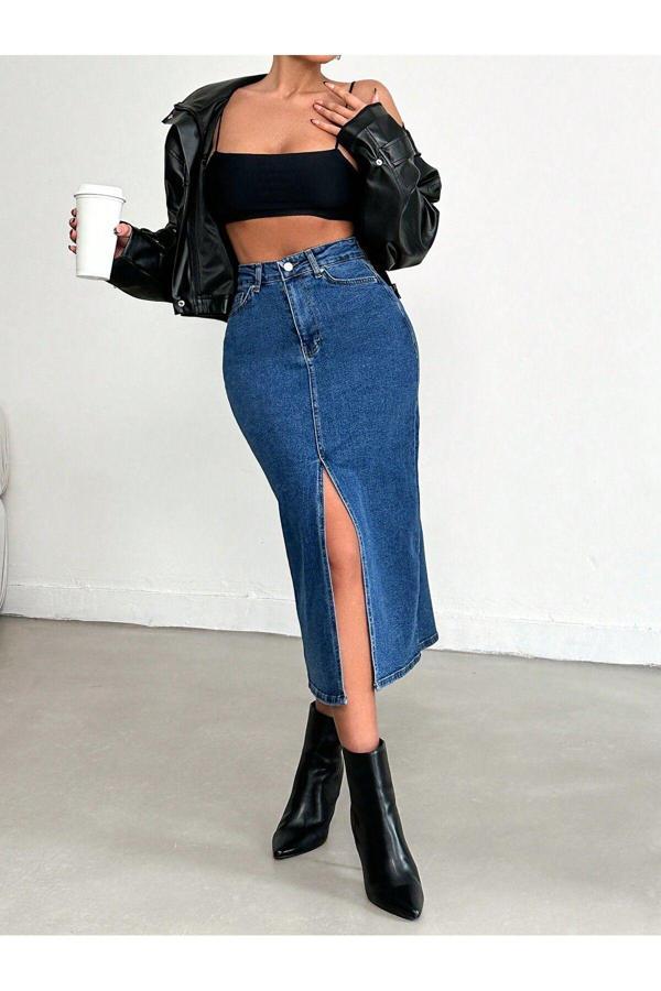 Swet Shop Jeans Kadın Yırtmaçlı Koyu Mavi Likralı Kot Etek Koyu Mavi M - Image 1