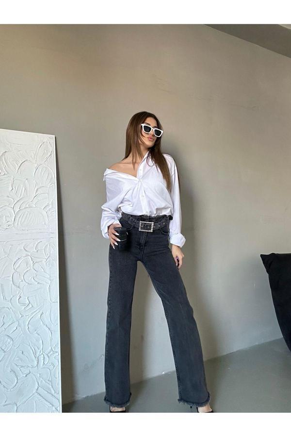 Swet Shop Jeans Kadın Yüksek Bel Kemer Tokalı Bel Püskül Paça Püskül Gri Kar Yıkama Likralı Palazzo Jean Antrasit 29 - Image 1
