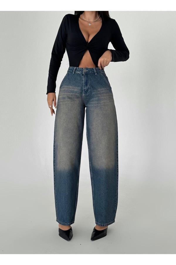 Swet Shop Jeans Kadın Soluk Efektli Vintage Bol Kesim Geniş Paça Baggy Jean Pantolon Lacivert 34-26 - Image 1