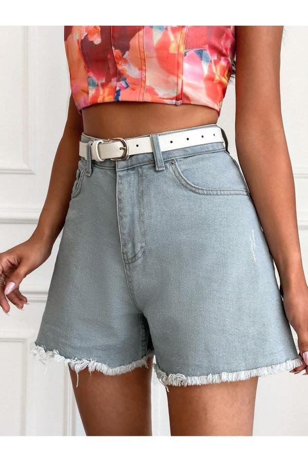 Swet Shop Jeans Kadın Yüksek Bel Paça Püsküllü Mavi Denim Şort Mavi 29 - Image 1