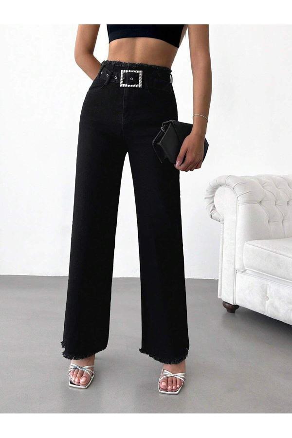 Swet Shop Jeans Kadın Yüksek Bel Kemer Tokalı Bel Püskül Paça Püsküllü Siyah Renk Likralı Palazzo Jean Siyah 34-26 - Image 1