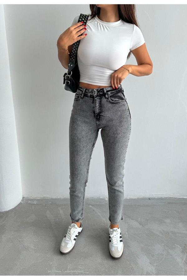Swet Shop Jeans Kadın Likralı Yüksek Bel Mom Jeans Gri 31 - Image 1