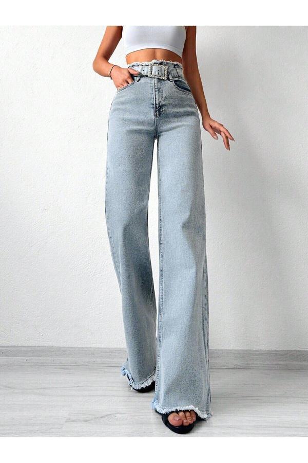 Cms Jeans Kadın Yüksek Bel Kemerli , Bel Püskül Paça Püsküllü Mavi Kar Yıkama Palazzo Jean Mavi 29 - Image 1