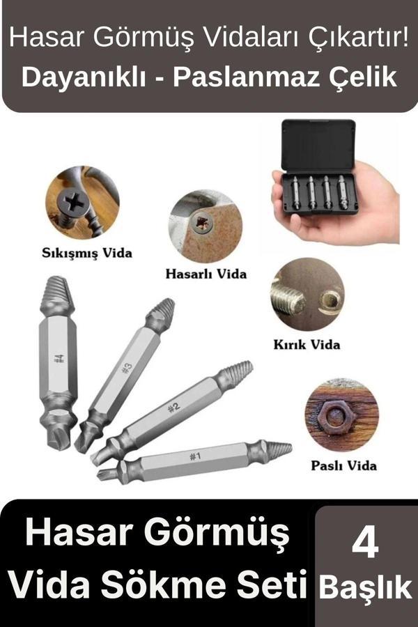 Premium Çok Amaçlı Paslanmaz Çelik Matkap Kırık Hasarlı Bozuk Vida Çıkarıcı Sökme Seti 4 Başlıklı - Image 1