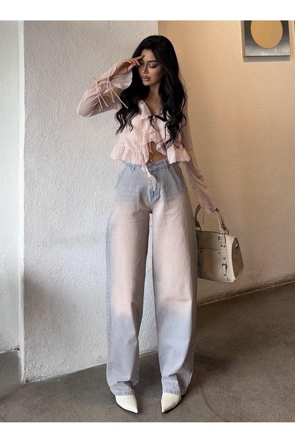 Swet Shop Jeans Kadın Soluk Efektli Vintage Bol Kesim Geniş Paça Baggy Jean Pantolon Pembe 38-28 - Image 1