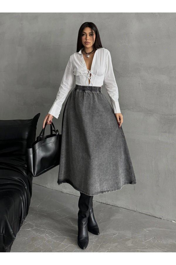 Swet Shop Jeans Kadın Yüksek Bel Midi Boy Beli Lastikli Kloş Denim Etek Antrasit S - Image 1