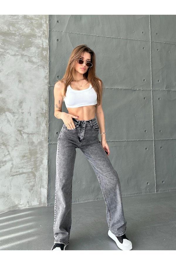 Swet Shop Jeans Kadın Siyah Kar Yıkama Yüksek Bel Likralı Wide Leg Geniş Paça Palazzo Kot Pantolon Gri 36-27 - Image 1